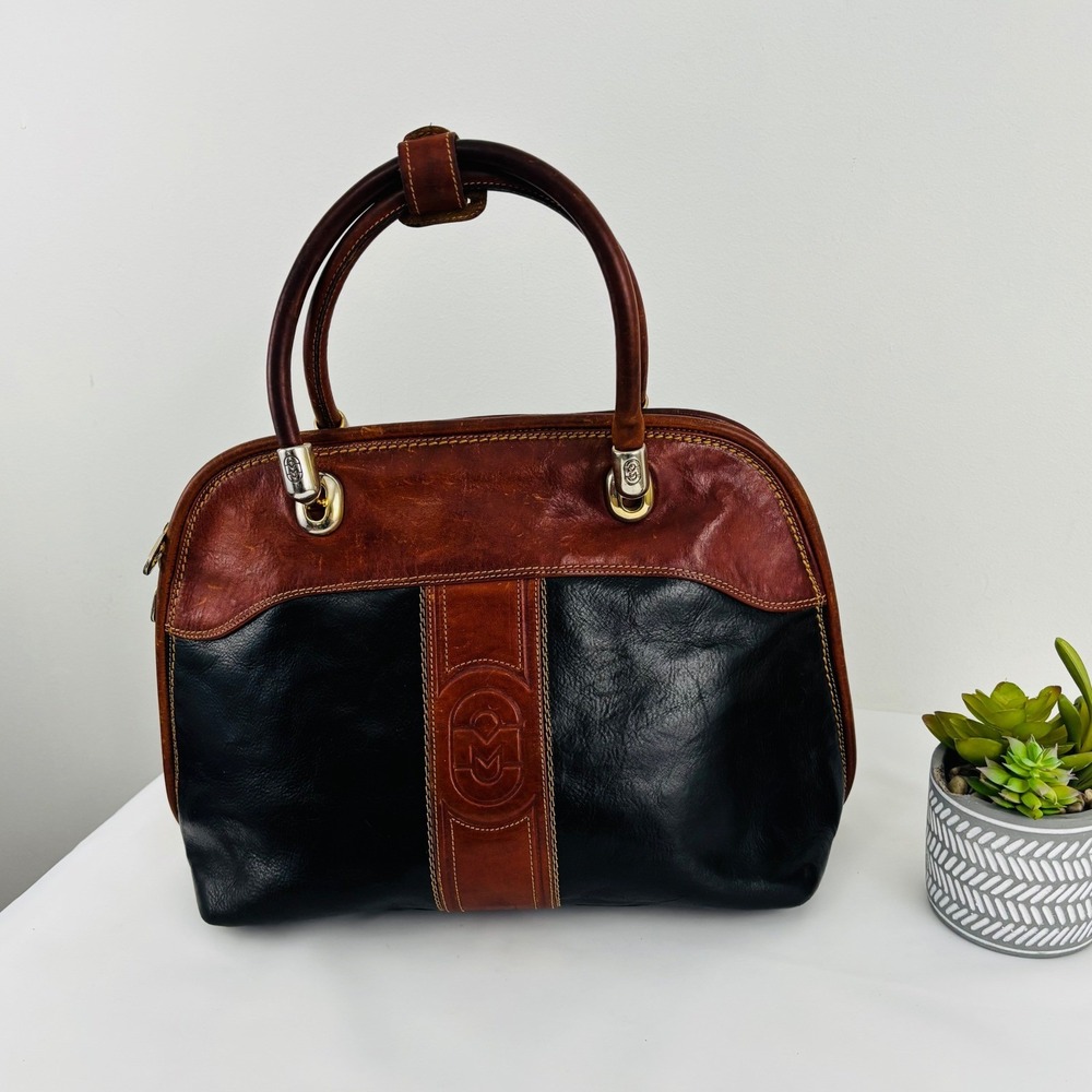 Vintage Marino Orlandi Genuine Leather Satchel Made in Italy Brown, Gold & Black